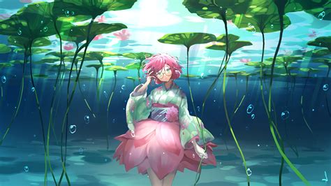 Anime Anime Girls Lotus Flowers Water Original Characters Shijohane