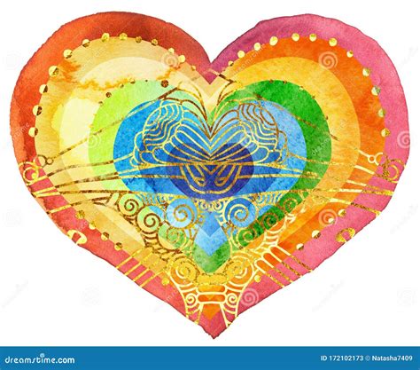 Watercolor Textured Rainbow Heart With Gold Pattern Stock Illustration