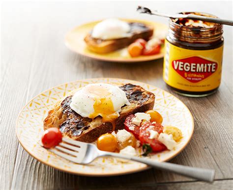 poached eggs on vegemite toast with tomato and feta tastes like australia