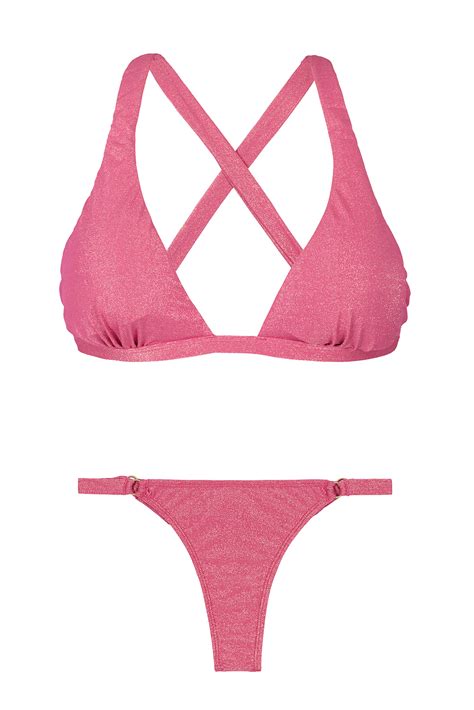 Pink Lurex Thong Bikini Bottom And Triangle Halterneck Top Radiante Rosa Sporty Mini Rio De Sol