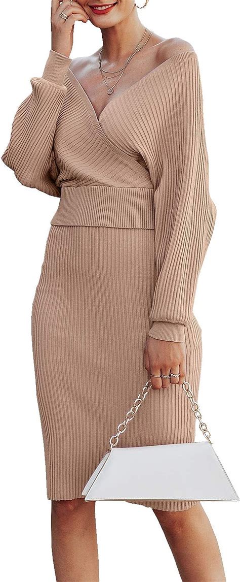 Sollinarry Womens 2 Piece Knit Sweater Dress V Neck Batwing Sleeve Crop Top Bodycon Midi Skirt