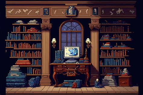 Premium Photo Pixel Art Old Library Book Library Background In Retro