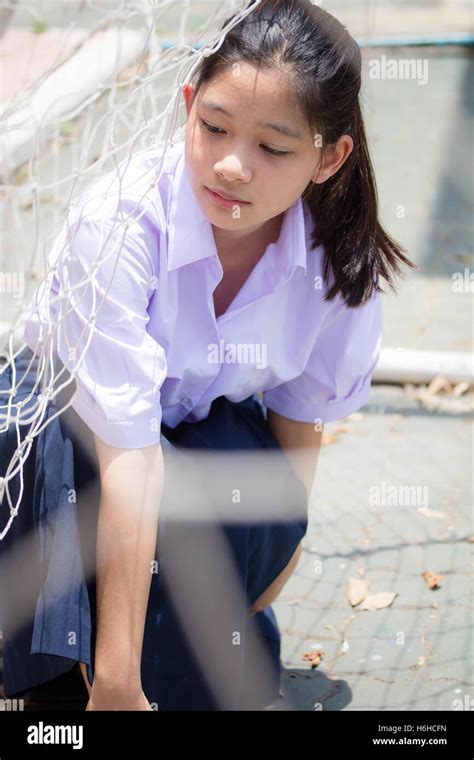 Portrait Of Thai High School Student Uniform Teen Beautiful Girl Happy