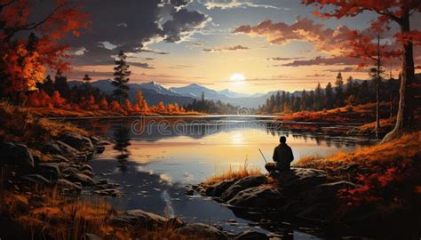 One Person Meditating Serene Silhouette Tranquil Sunset Generated By