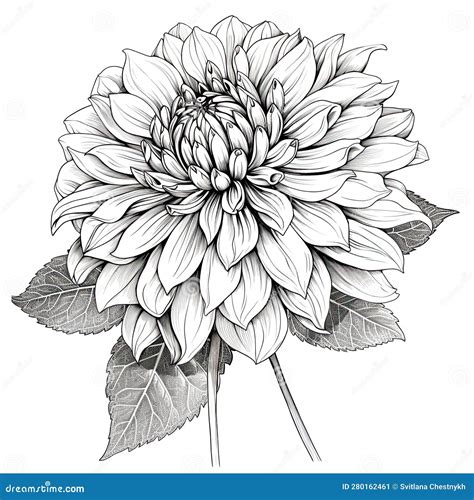 black and white dahlia flower drawing illustration with line art on white backgrounds