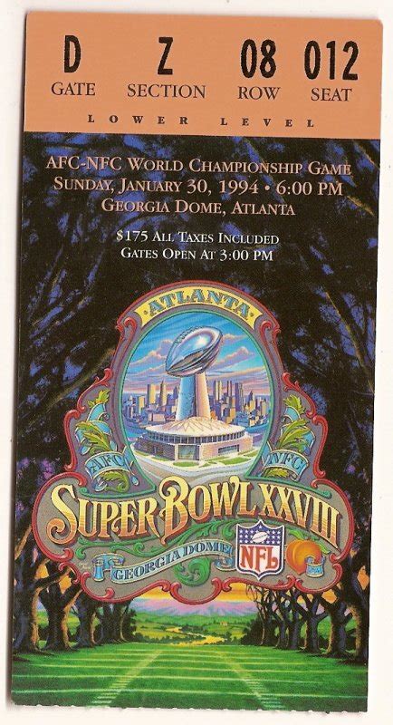 Super Bowl 28 Xxviii Game Ticket Stub Cowboys Bills 1994