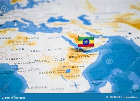 The Flag Of Ethiopia In The World Map Stock Image Image Of Paper