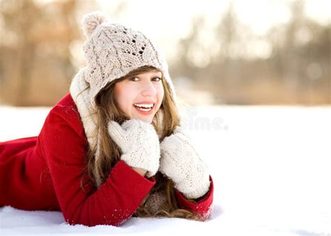 Young Woman Lying In The Snow Stock Photo Image Of Exciting