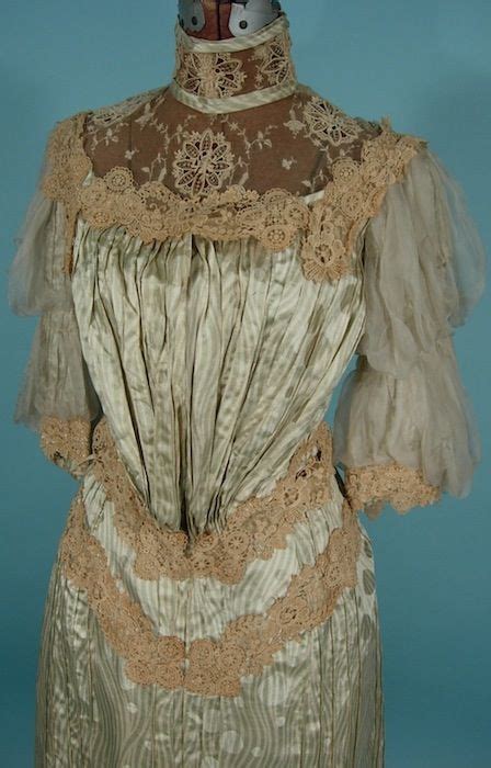 Silk charmeuse bust and skirt, as well as hand embroidered cotton eyelet on the. ~c. 1905 Light Green Silk Print 2-piece Gown with Chiffon ...