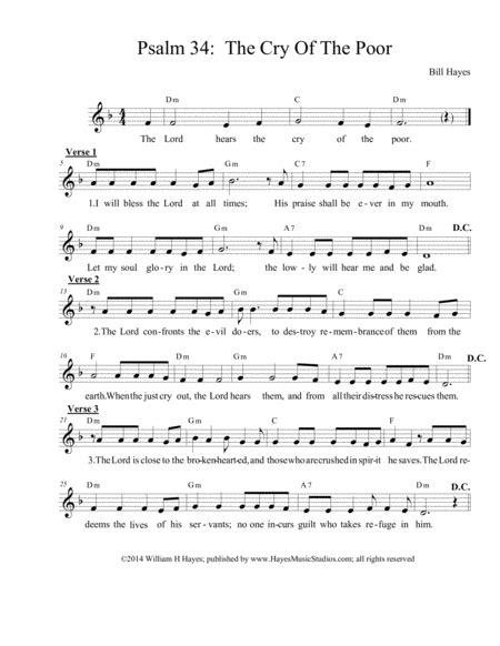 Psalm 34 The Lord Hears The Cry Of The Poor Leadsheet Free Music Sheet