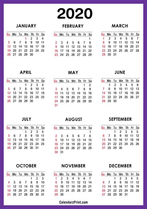 2020 Calendar Printable Free Purple Sunday Start Calendarzprint