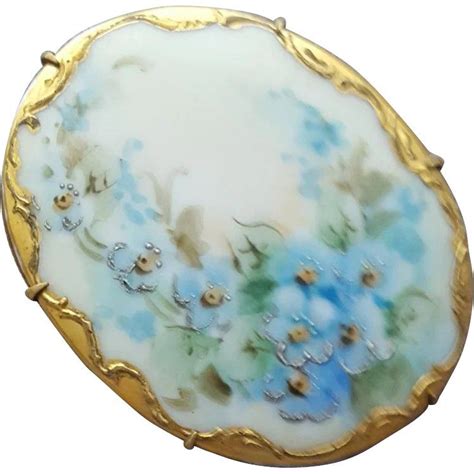 Antique Hand Painted Porcelain Brooch Forget Me Nots Hand Painted