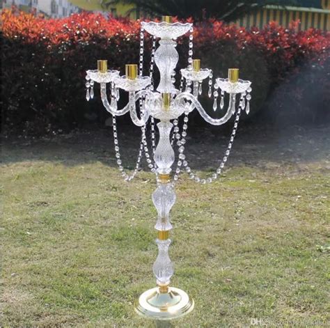 90cm Tall Acrylic 5 Arms Wedding Candelabras With Crystal Pendant Gold
