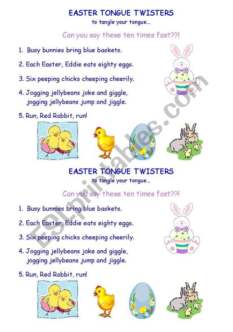 English Worksheets Easter Tongue Twisters