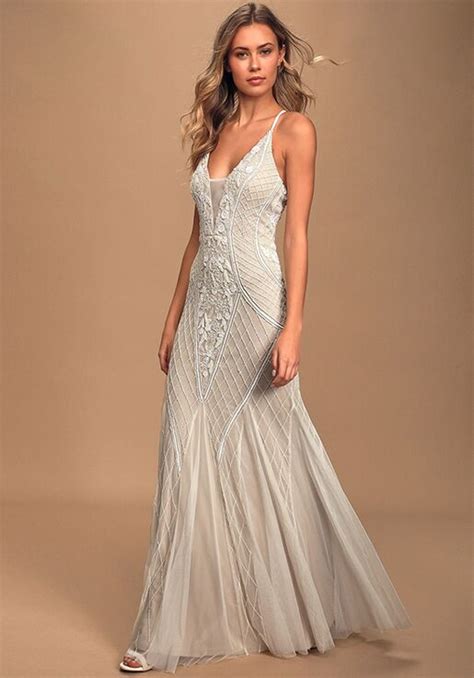 Lulus This I Promise You White And Nude Beaded Sequin Maxi Dress