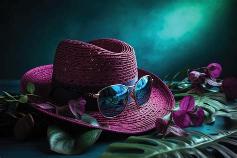 Premium Ai Image A Purple Hat And Sunglasses Sit On A Green