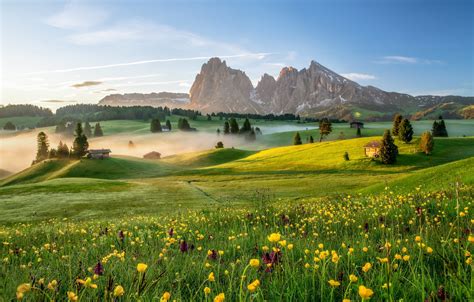 Wallpaper Trees Flowers Mountains Dawn Morning Village Italy