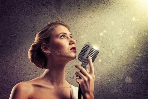 Attractive Female Singer With Microphone Stock Photo Image Of