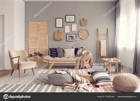 Stylish Living Room Interior Design With Scandinavian Settee Grey Wall