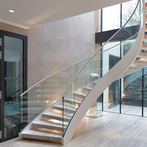 Modern Design Interior Curved Staircase With Tempered Glass Railing