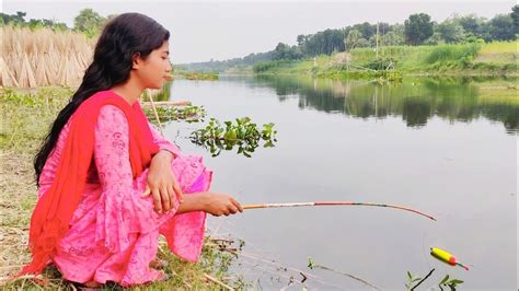 Beautiful Fishing Video ~ Village Girl Catching Fish By Hook In