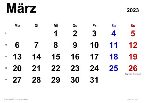 Kalender März 2023 Als Excel Vorlagen