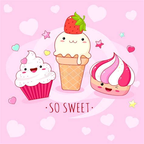 Fondo Divertido Con Los Iconos Dulces Lindos En Estilo Del Kawaii