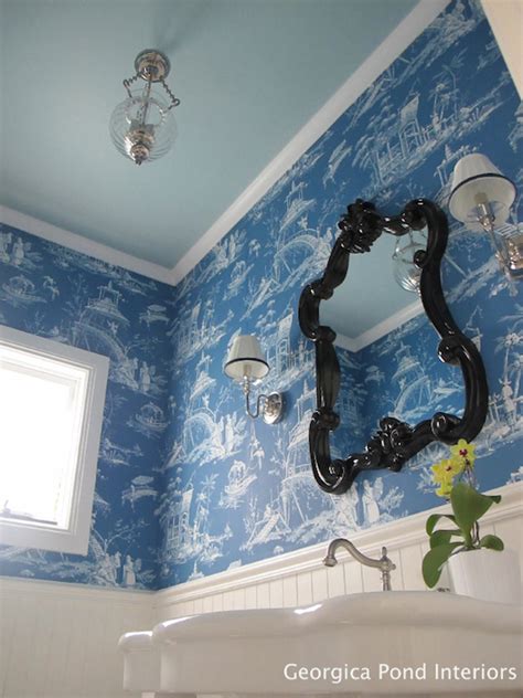 Blue Wallpaper Half Painted Walls Painted Bathroom Floral Wallpaper