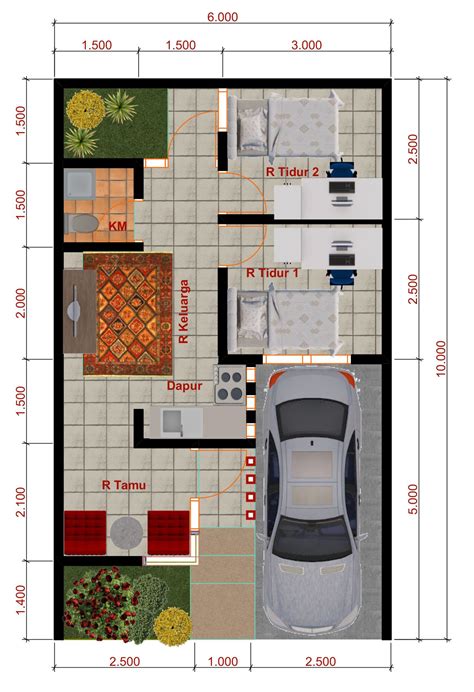 Dalam denah diatas terbagi menjadi area luar atau bagian eksterior yang terdiri dari area garasi mobil yang menampung 1. Desain Rumah Ukuran 6x12 3 Kamar Tidur | Huniankini