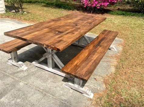 Rustic Pedestal 7ft Outdoor Farmhouse Table With Long Benches Etsy