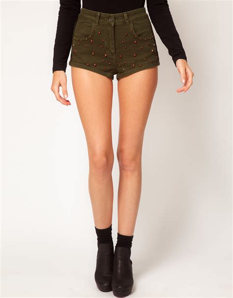 Lyst Asos Collection High Waisted Denim Shorts In Khaki With Studs In