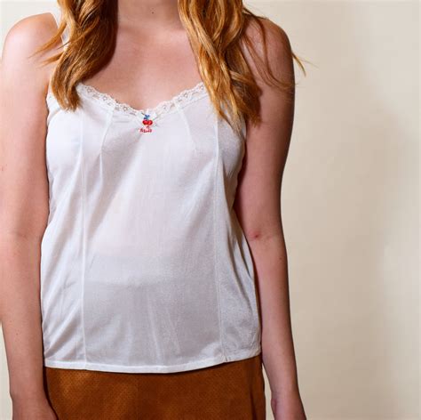 1970s Vintage White Nylon Classic Lace Detail Camisole With Embroidered Cherry Womens Small