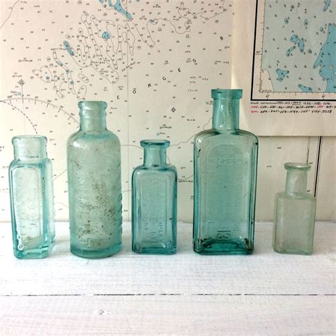 Vintage Blue Green Glass Bottle Collection Glass Apothecary Bottles