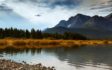 Canada Alberta Autumn Mountains Forest Lake Blue Sky Clouds Wallpaper