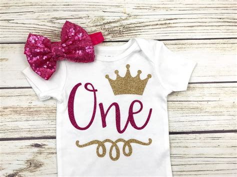 Baby Girl First Birthday Bodysuit And Crown Headband In Pink Etsy