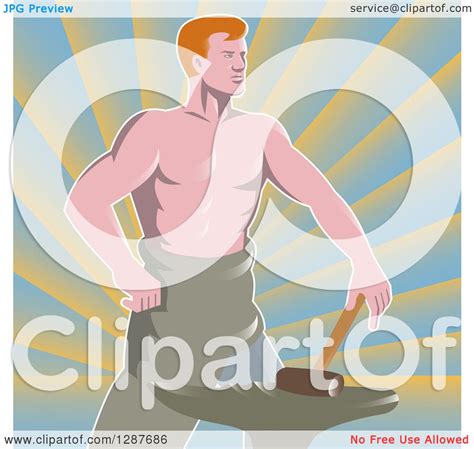 Clipart Of A Retro Shirtless Muscular Blacksmith With A Hammer And