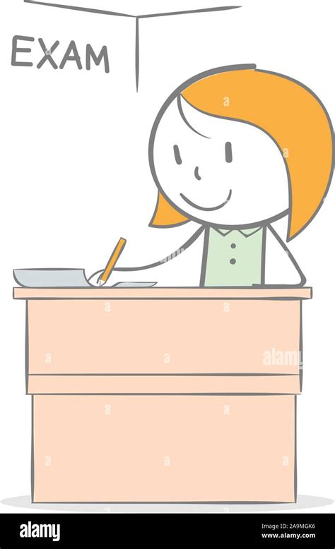 Doodle Stick Figure A Girl Sitting On Desk Doing An Exam Stock Vector