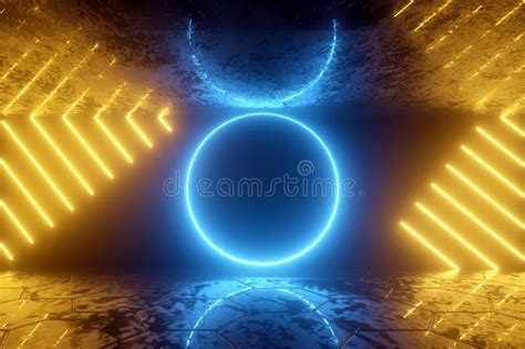 3d Render Abstract Neon Background Blue Ring And Yellow Reflection