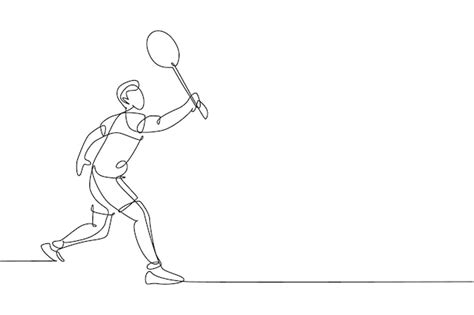 Premium Vector One Continuous Line Drawing Young Badminton Player Hit