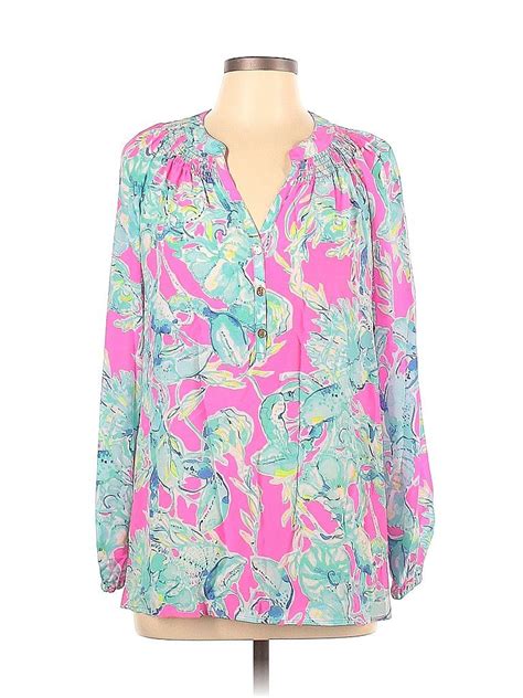 Lilly Pulitzer Long Sleeve Silk Top Blue Floral V Neck Tops Used