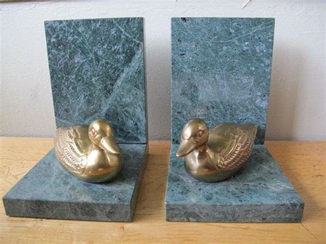Beautiful Pair Of Bookends Featuring Brass Ducks On Green Marble