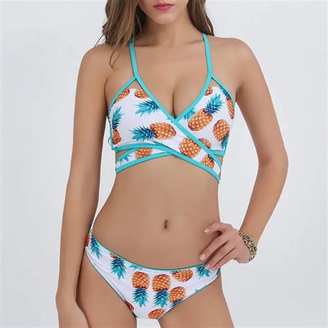 New Brazilian Bikinis Women Swimwear Cute Pineapple Push Up Bikini Set Strappy Bandage Swimsuit