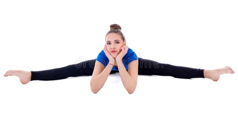 Beautiful Flexible Woman Doing Stretching Exercise Isolated On W Stock