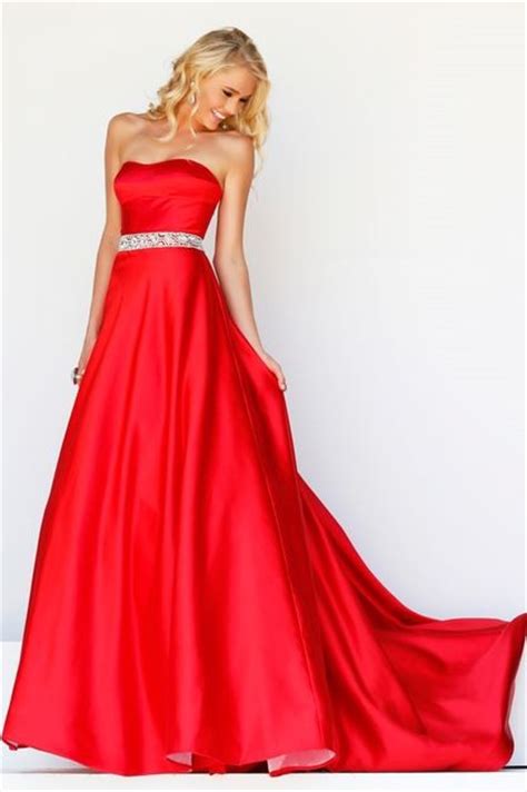 A Line Strapless Sweetheart Long Red Satin Prom Dress With Beading Belt