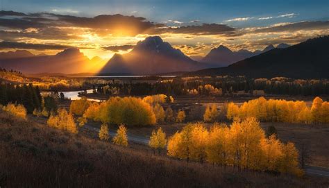 Nature Photography Landscape Sunset Mountains Sun Rays Forest River Fall Road Dry