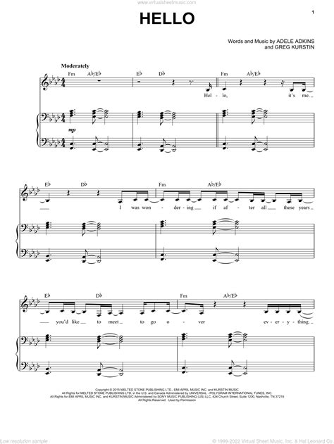 Adele Hello Sheet Music For Voice And Piano Pdf Interactive