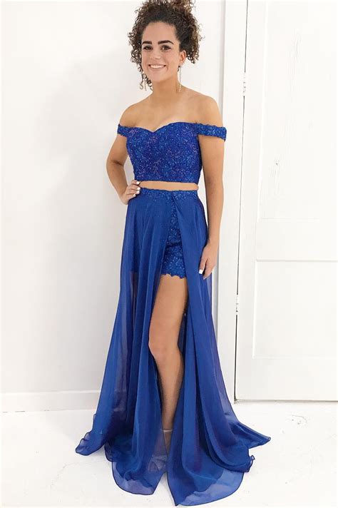 Royal Blue Beaded Prom Dress With Detachable Skirt Sexy Two Piece Prom