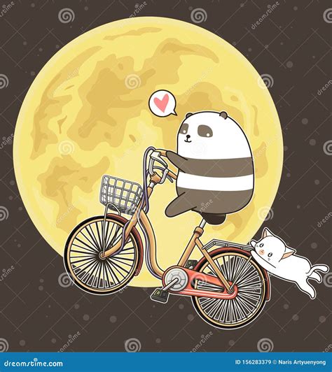 Kawaii Panda Is Riding Bicycle On The Moon Background Stock Vector