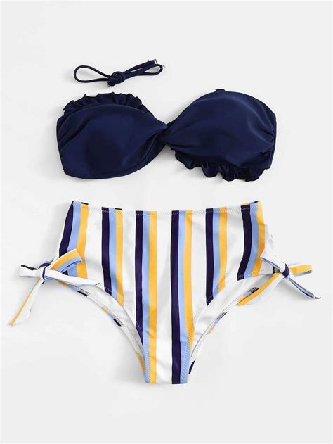 Blue Twist Bandeau Top Swimsuit With Striped Tie Side Bikini Bottom