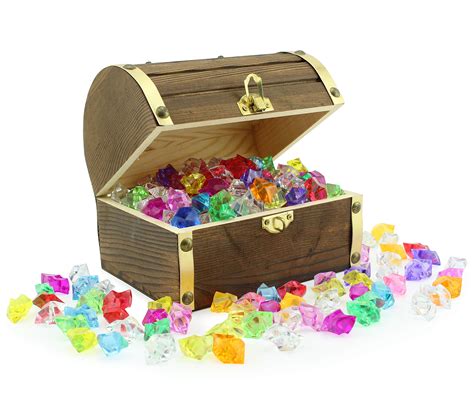 Wooden Pirate Treasure Chest With 240 Colored Jewels Plastic Gems